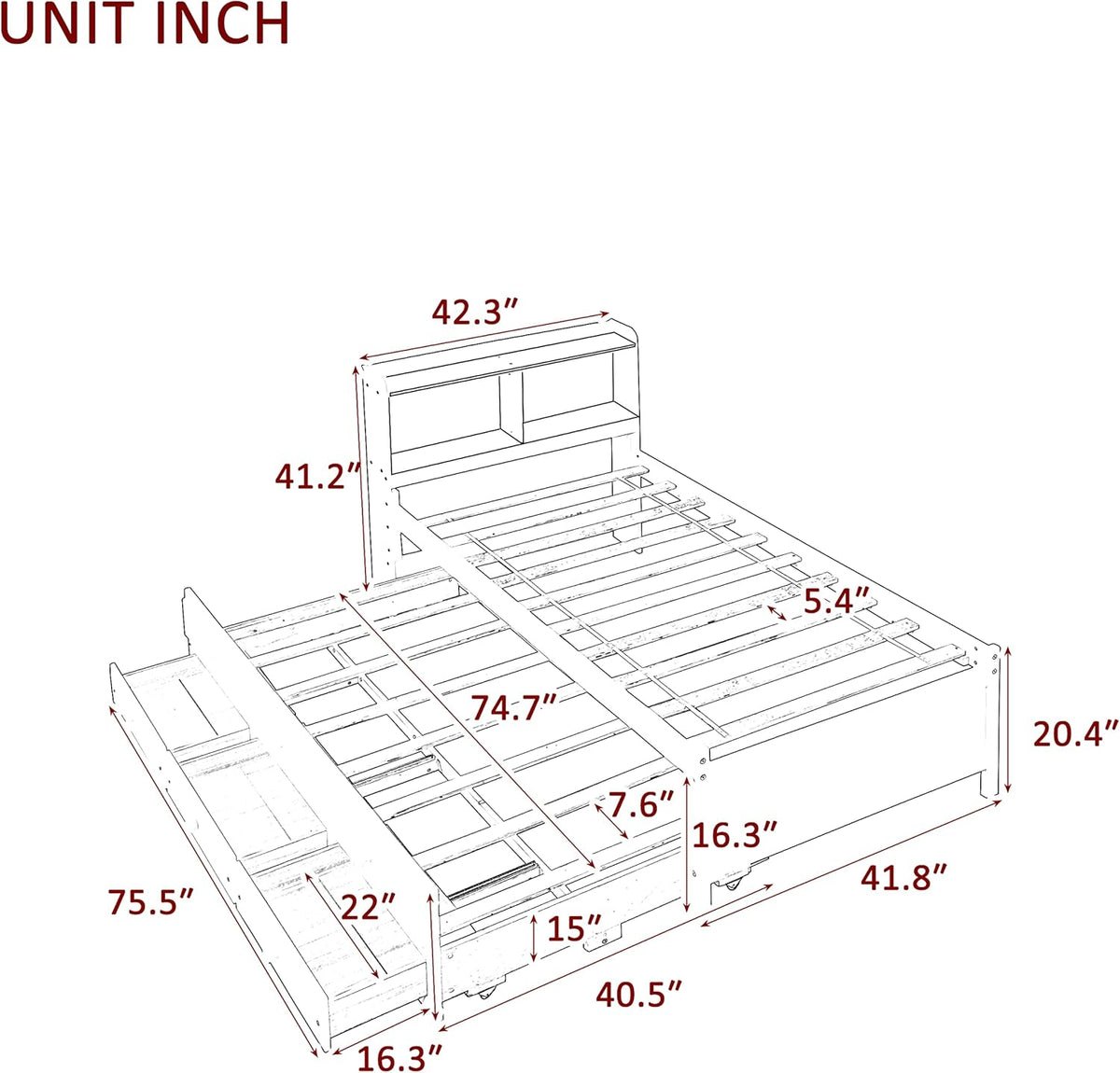 Twin Wood Captain’s Bed with Bookcase Headboard, Trundle and 3 Drawers, Espresso Q506519
