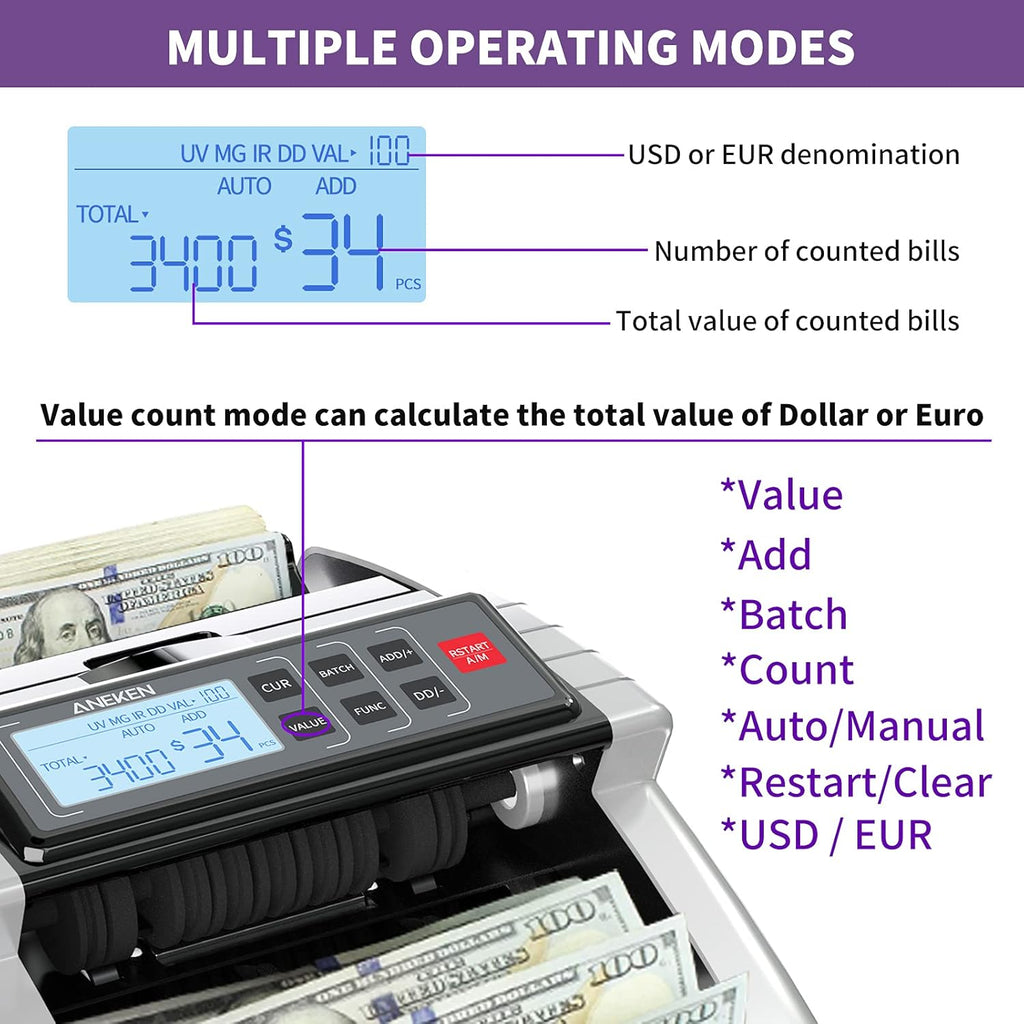 Money Counter Machine with UV/MG/IR/DD Counterfeit Detection, LCD Display, 1000 Bills/Min J9411