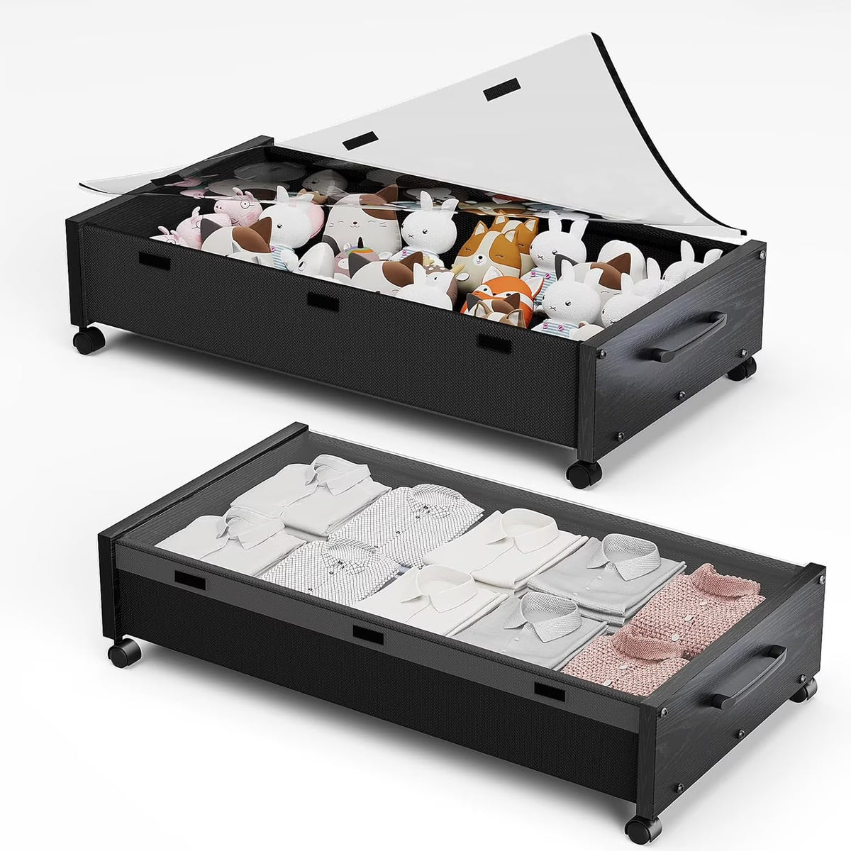 Black Wood 2 Pack Under Bed Storage with Wheels and Removable Lid X630