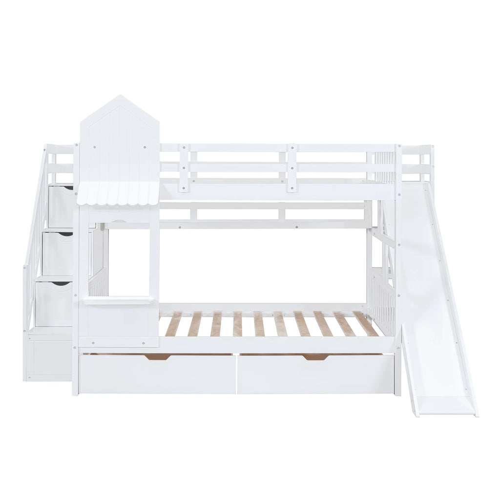 Full Over Full Castle Bunk Bed with Slide, Stairs and Storage Drawers B680310