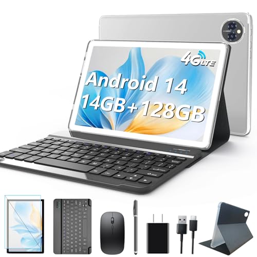 Android 14 Tablet 10 Inch, 4G Cellular, Octa-Core, 128GB Storage + 14(8+6)GB RAM, 1TB Expandable, 5G WiFi, 8000mAh Battery, Bluetooth 5.0, 13MP+8MP Camera, with Keyboard/Case, Silver Y132