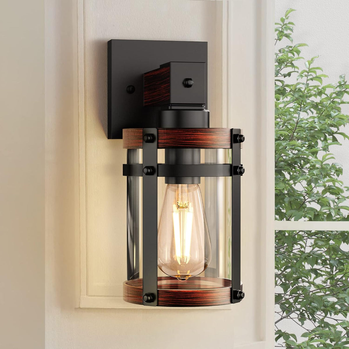 Rustic Wall Sconce 1-Light Wood Grain Black with Clear Glass Shades L319