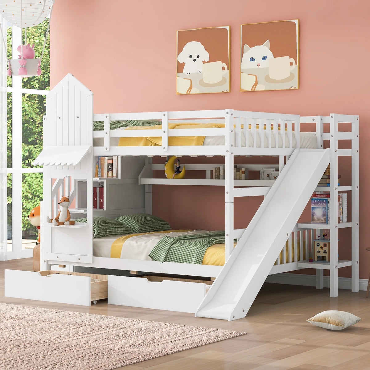 Full Over Full Castle Bunk Bed with Slide, Stairs and Storage Drawers B680310