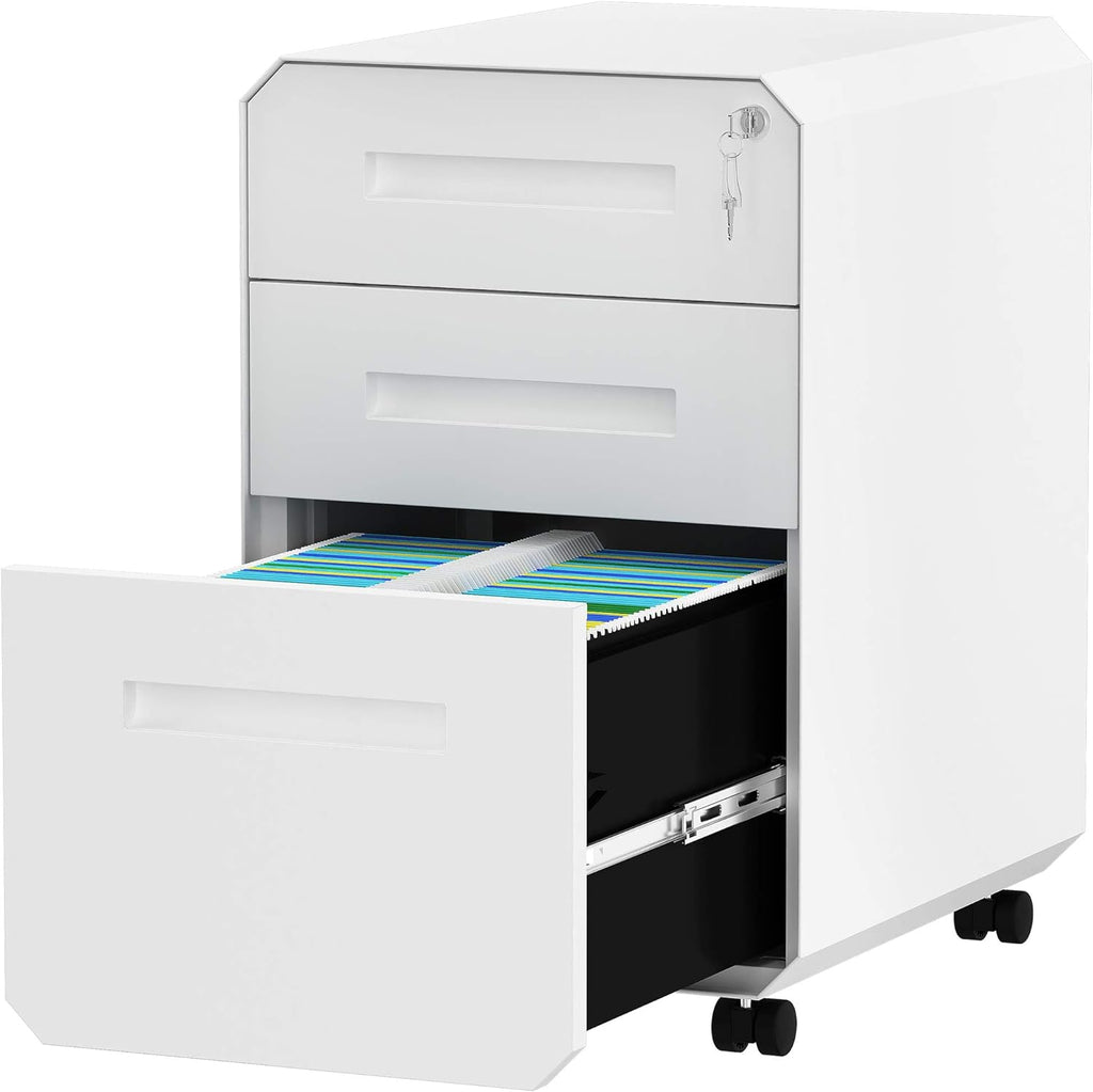 White 3-Drawer Metal Filing Cabinet with Lock W115469
