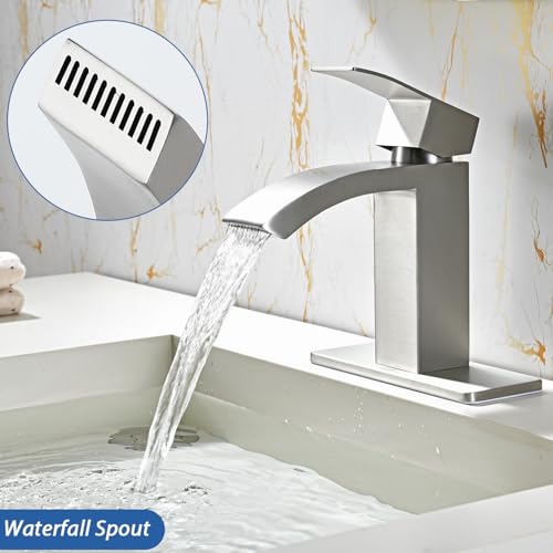 Black Tall Waterfall Single Handle 1 Hole Bathroom Faucet with Pop Up Drain and Hoses Z449