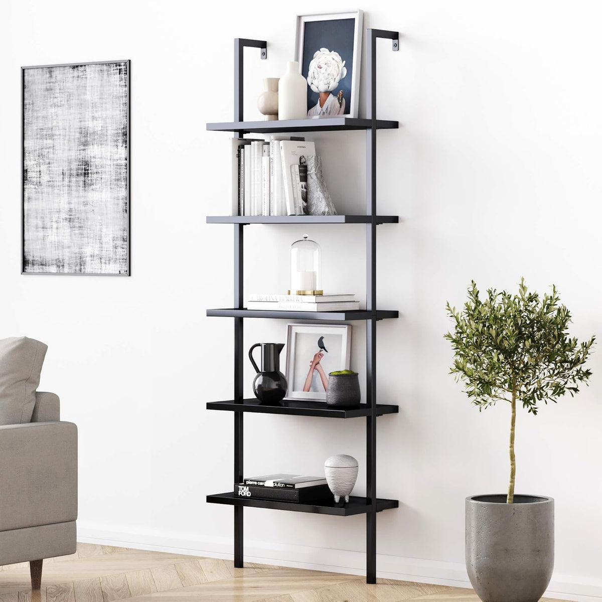 White/Gold 5-Shelf Ladder Bookcase with Metal Frame P948665