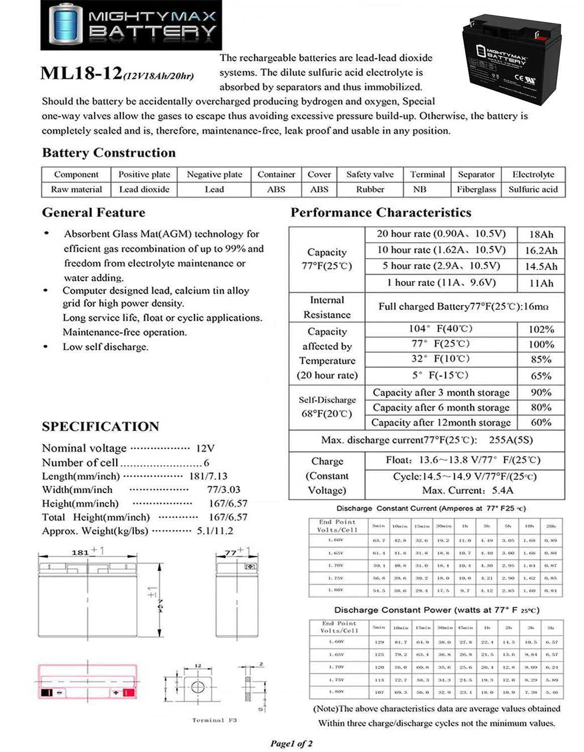 12V 18AH SLA AGM Rechargeable Deep Cycle Battery U3831