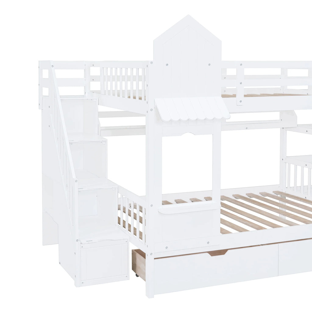 Full Over Full Castle Bunk Bed with Slide, Stairs and Storage Drawers B680310
