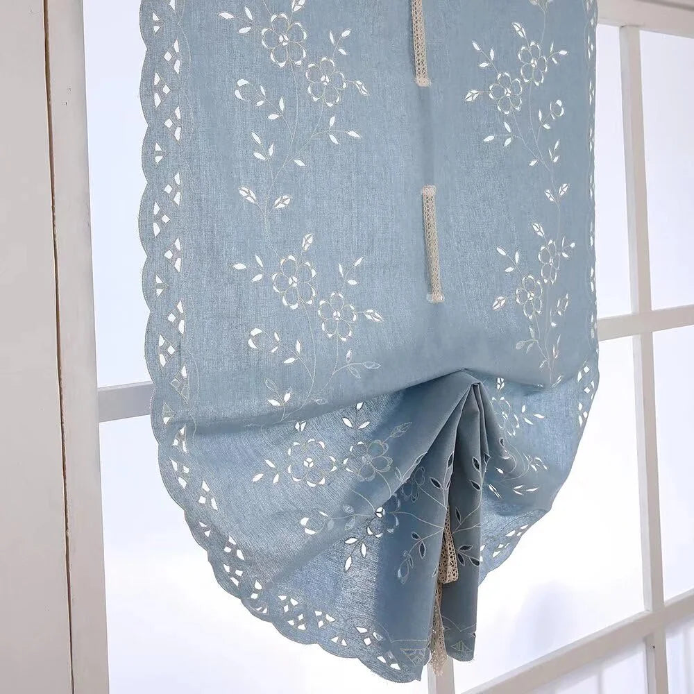 Blue Cotton Crochet Embroidered Roman Shade Curtains 32"x55" T145847