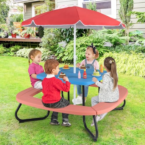 Kids Picnic Table with Umbrella and 4 Built-in Benches S5719