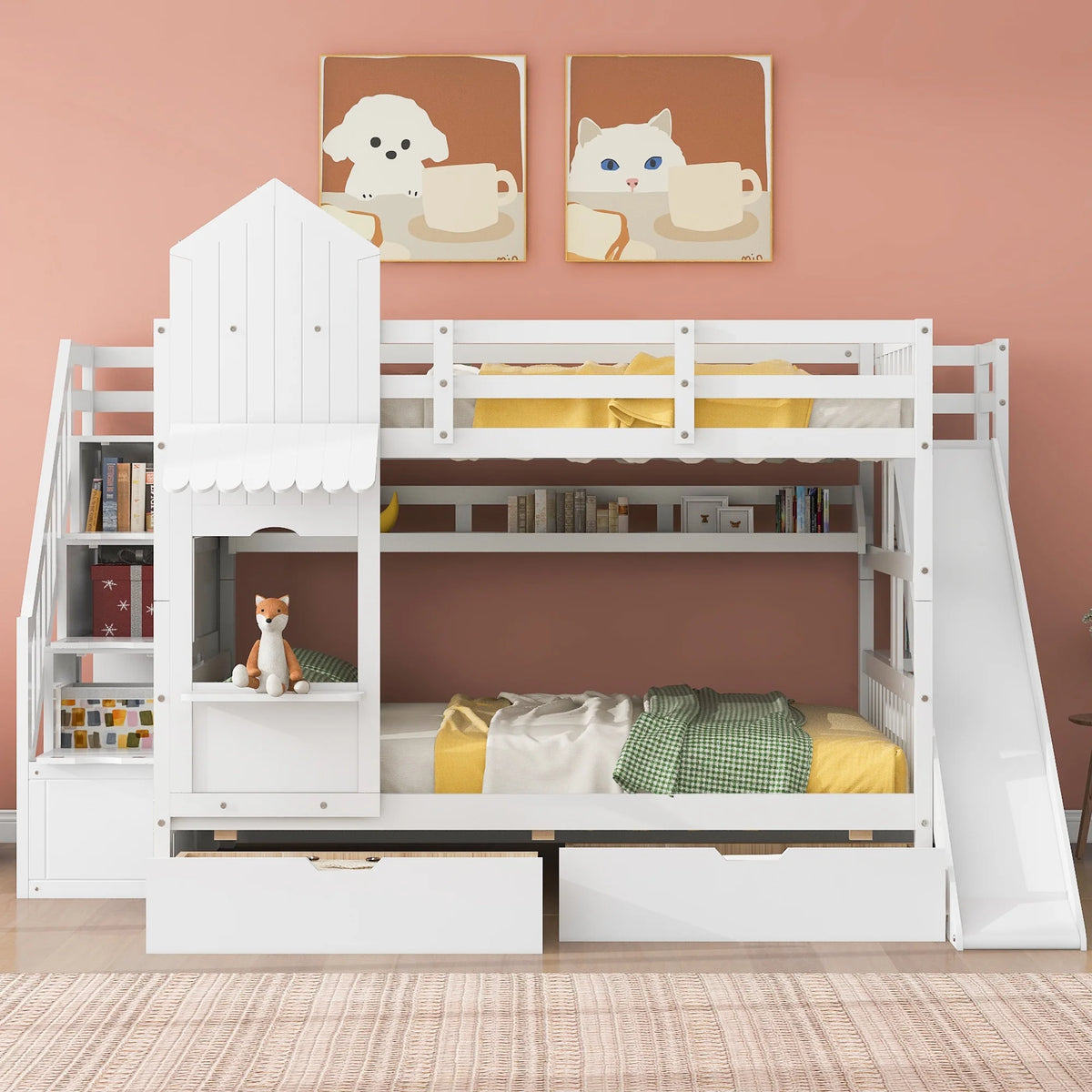 Full Over Full Castle Bunk Bed with Slide, Stairs and Storage Drawers B680310