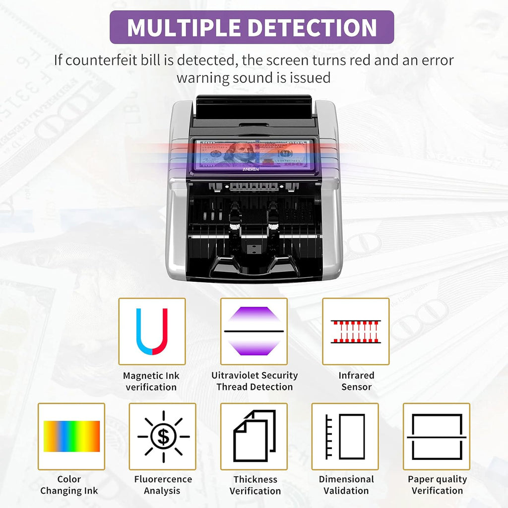 Money Counter Machine with UV/MG/IR/DD Counterfeit Detection, LCD Display, 1000 Bills/Min J9411