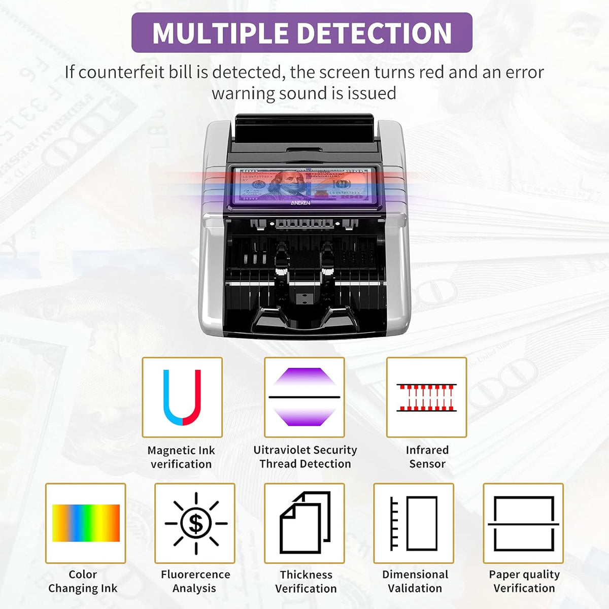 Money Counter Machine with UV/MG/IR/DD Counterfeit Detection, LCD Display, 1000 Bills/Min J9411