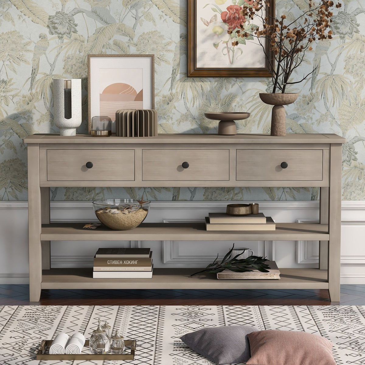 Solid Wood Console Table with Drawers and Shelves A308407