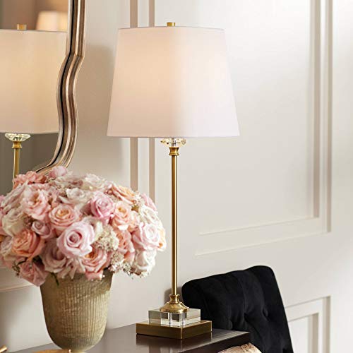 Traditional Buffet Table Lamp 29 1/2" Tall Gold Column Clear Crystal Glass White Fabric Shade R21144