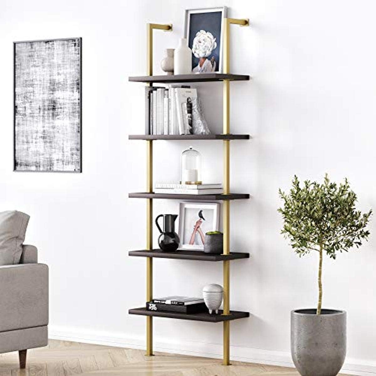White/Gold 5-Shelf Ladder Bookcase with Metal Frame P948665