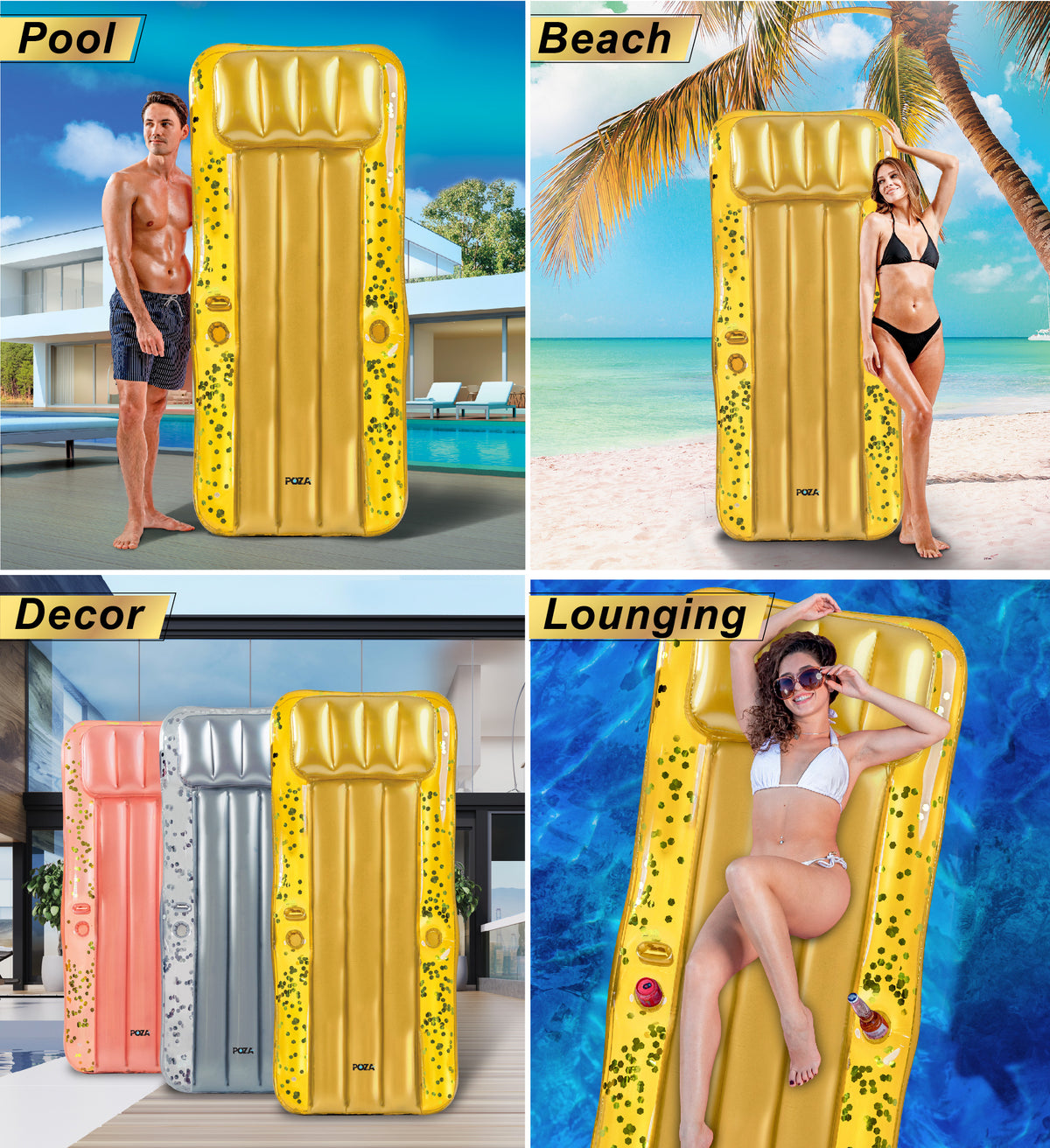 Gold Inflatable Pool Mattress with Headrest and Cup Holders S630009