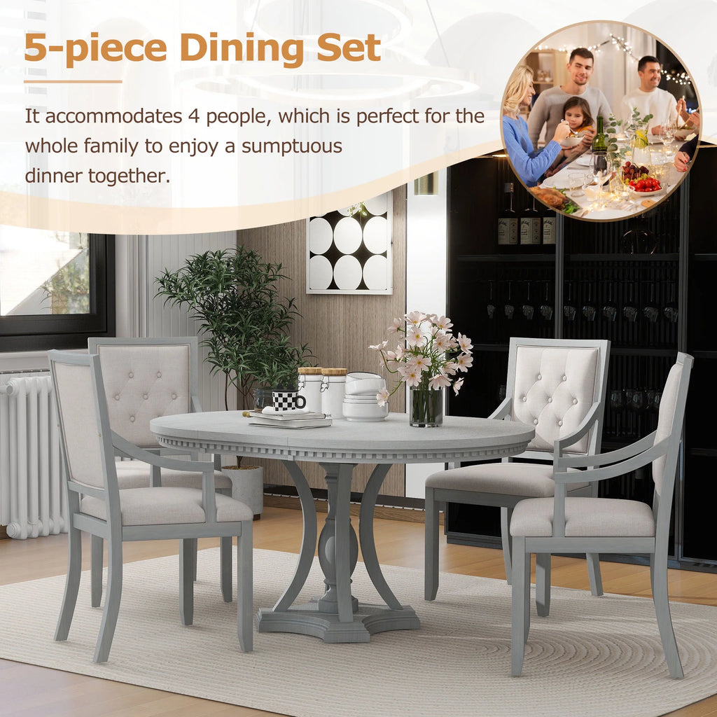 5 Piece Gray Wood Round Dining Table Set with 4 Upholstered Chairs X9284