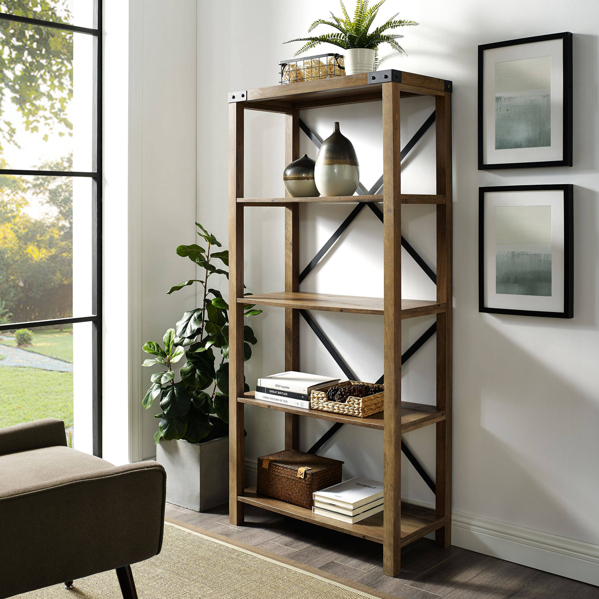 Rustic Oak Metal Bookcase B2061