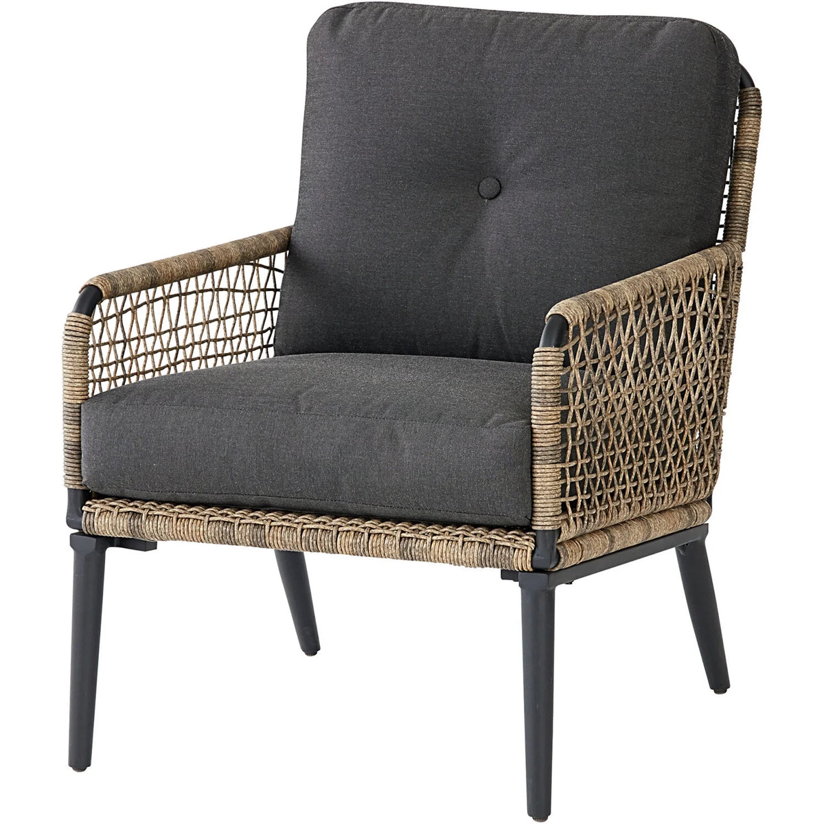 6-Piece Modern Outdoor Chat Set with Open Weave Wicker Sofa, 2 Side Chairs, 2 Ottomans, and Glass Top Coffee Table with Charcoal Plush Cushions R369855