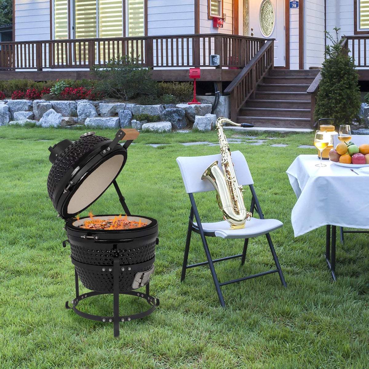 13in Round Ceramic Charcoal Grill Black X587593