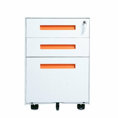 White/Orange 3-Drawer Mobile Metal File Cabinet with Lock P580860