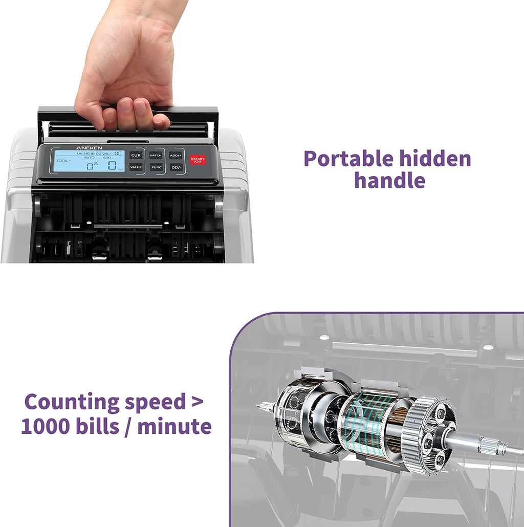 Money Counter Machine with UV/MG/IR/DD Counterfeit Detection, LCD Display, 1000 Bills/Min J9411