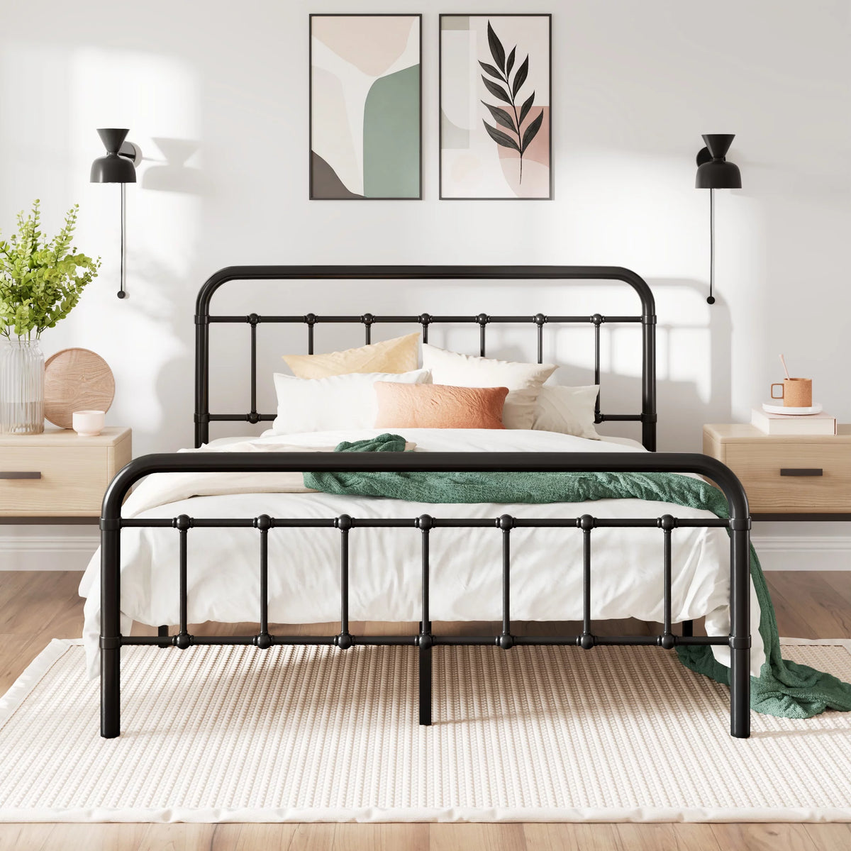 Queen Size Black Metal Platform Bed Frame with Headboard and Footboard X55650