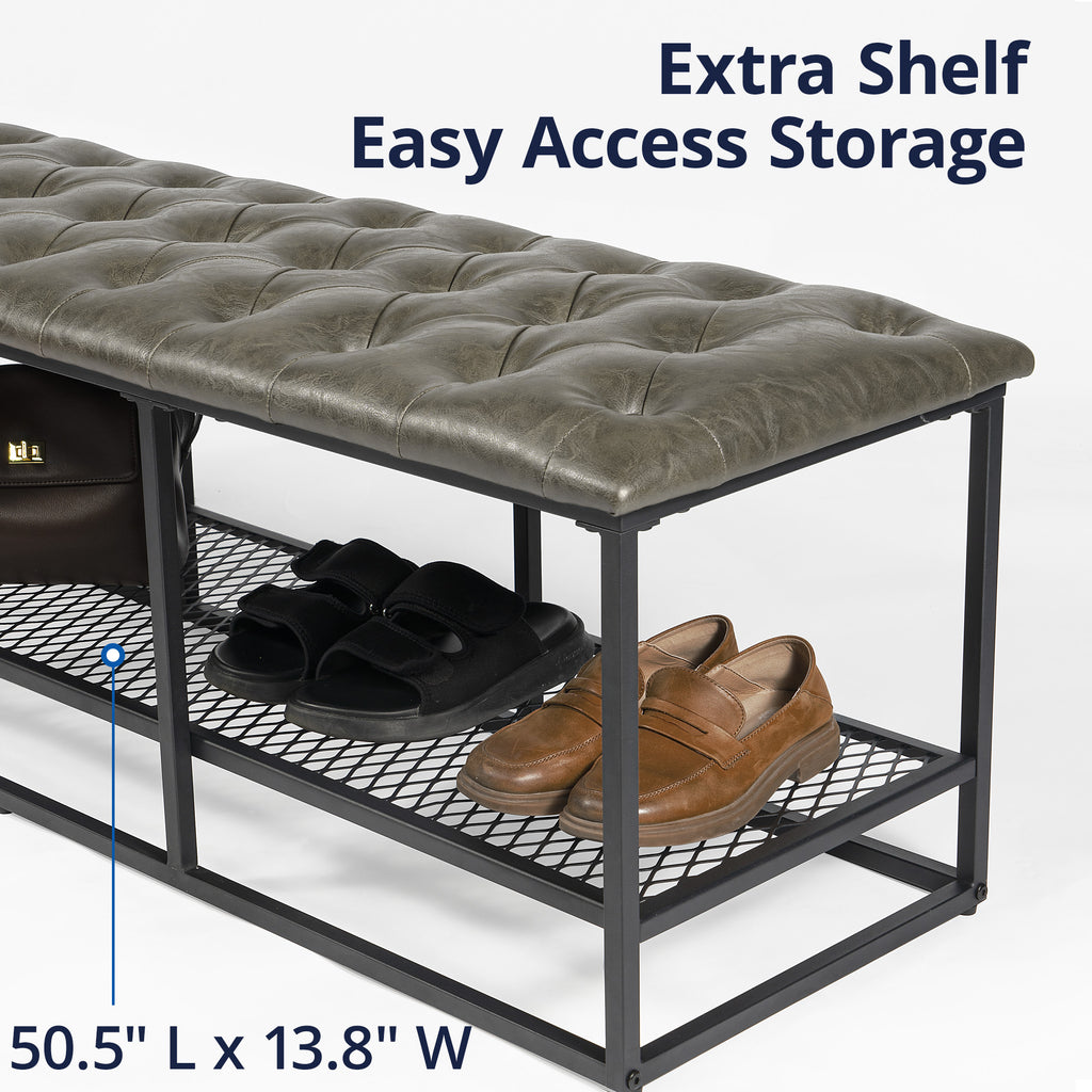 Gray Green Button Tufted Faux Leather Storage Bench B7911
