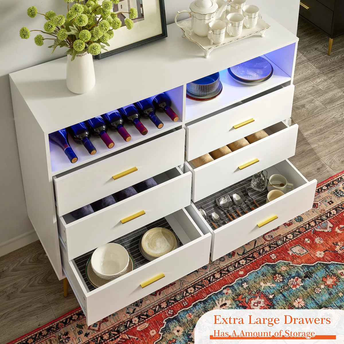 White 6 Drawer Dresser with LED Lights T7448