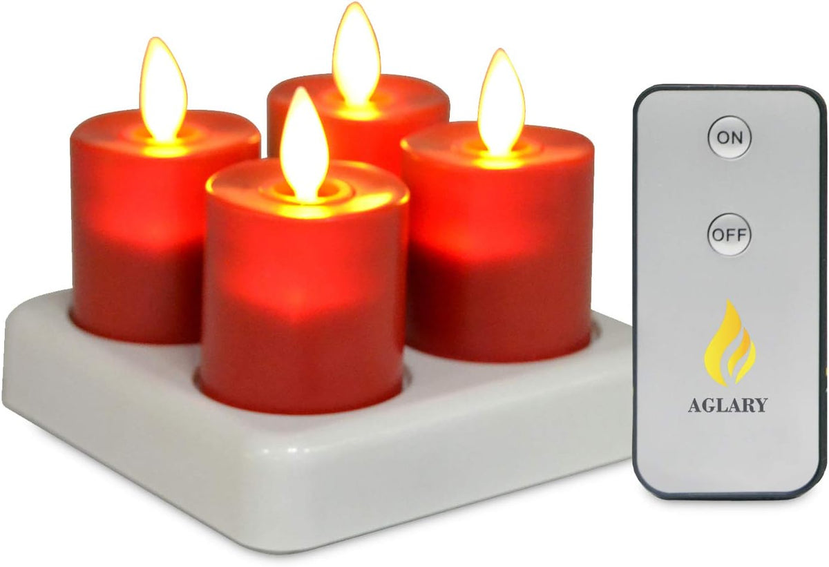 Red Pack of 4 Rechargeable LED Tealight Candles with Remote Control T150