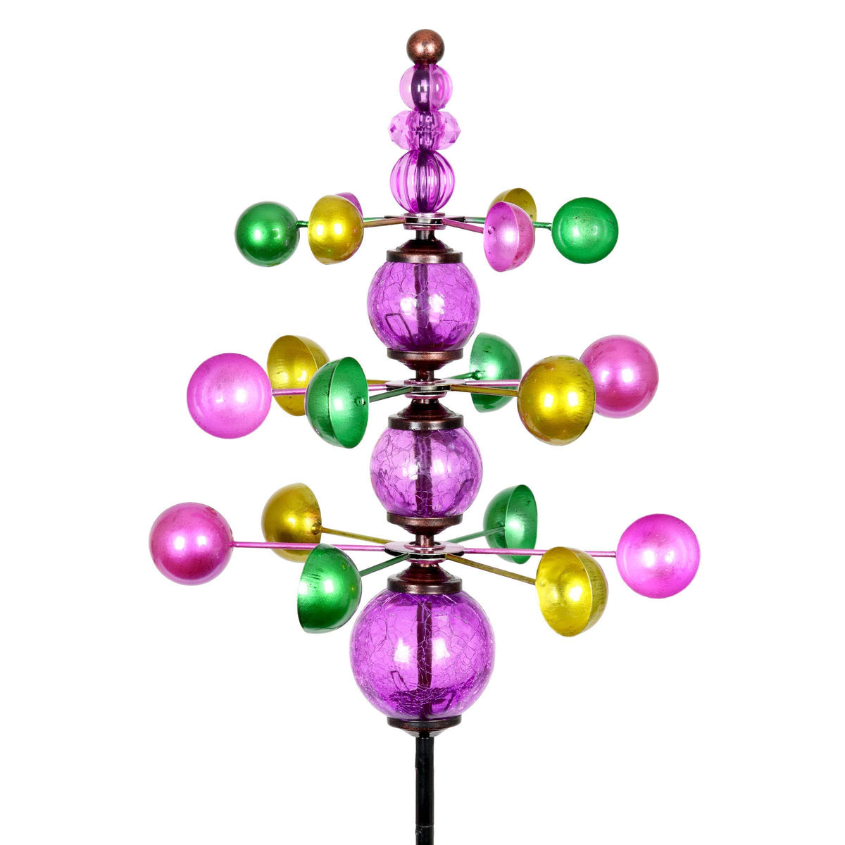 Three Tier Wind Spinner Garden Stake with Glass Crackle Balls, 14 by 48 Inches Purple Q88460