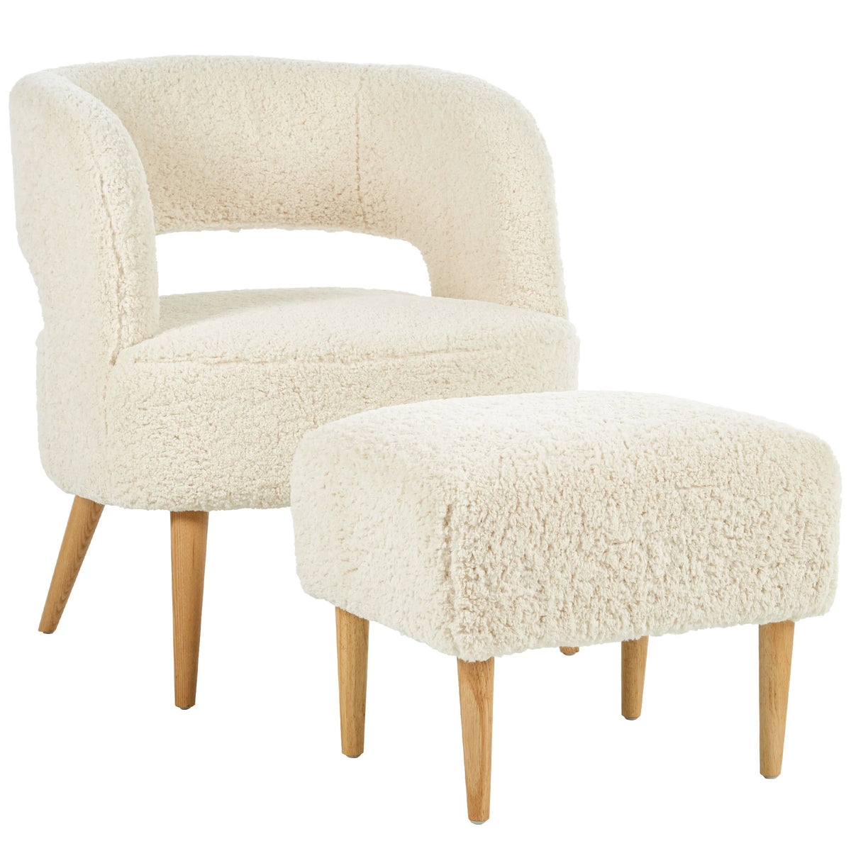 Beige Teddy Fleece Accent Chair with Ottoman and Wooden Legs T40990