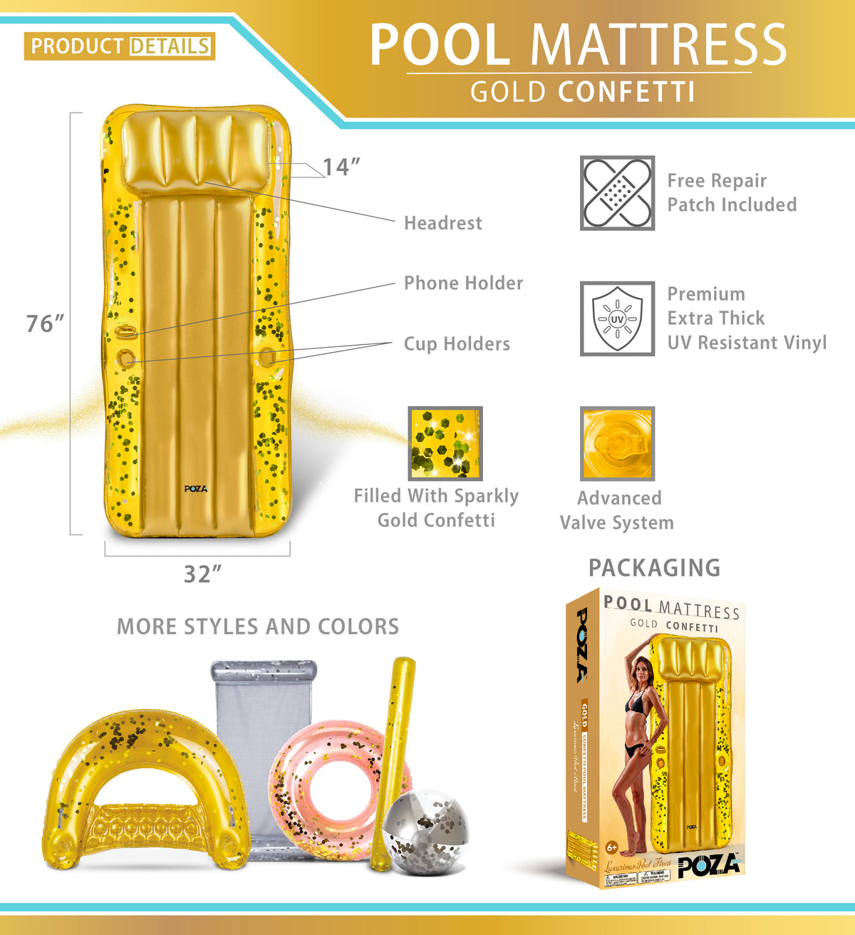 Gold Inflatable Pool Mattress with Headrest and Cup Holders S630009