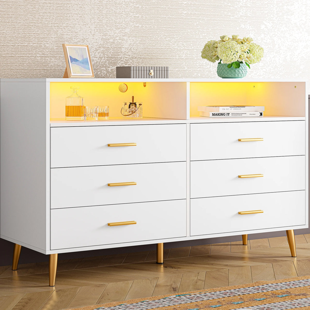 White 6 Drawer Dresser with LED Lights T7448