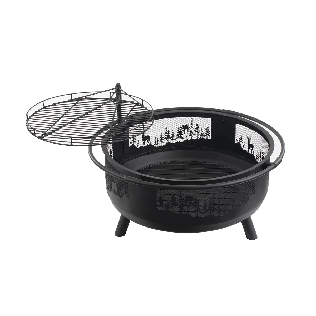36" Round Fire Barrel with Grill, Screen, and Lift, Black W103