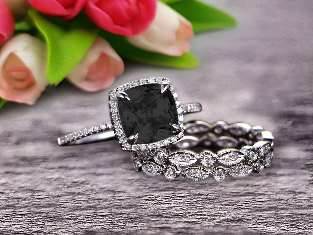 3.05 Carat Cushion Cut Black Diamond Moissanite Bridal Set Engagement Ring 10k White Gold Full Eternity Art Deco N382