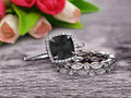 3.05 Carat Cushion Cut Black Diamond Moissanite Bridal Set Engagement Ring 10k White Gold Full Eternity Art Deco N382