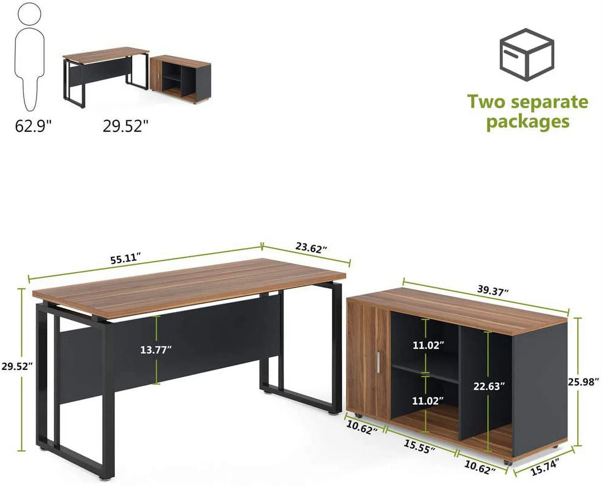 55 inch L-Shaped Computer Desk with File Cabinet W8017