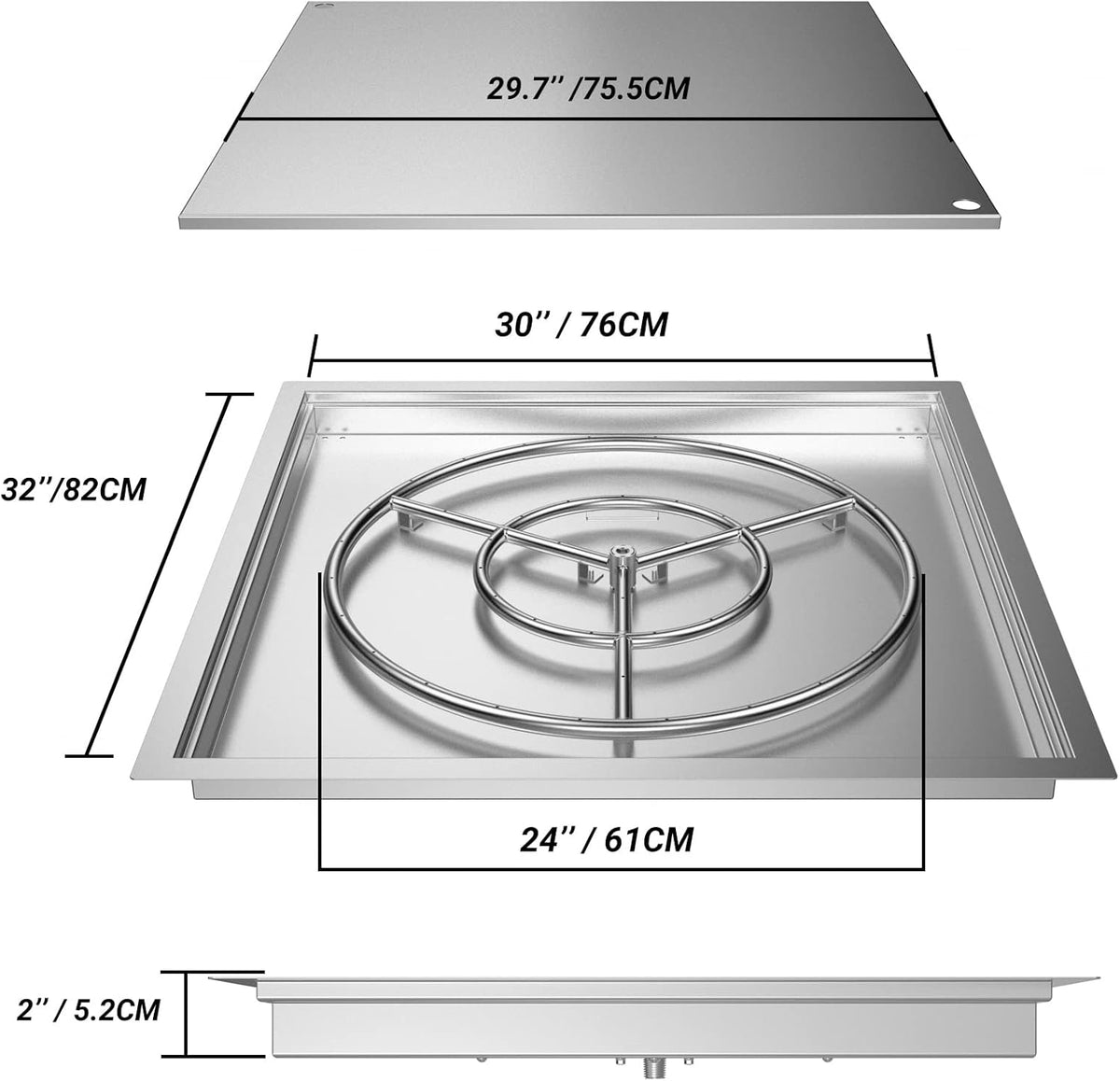 30" x 30" Square DIY Drop-in Firepit System Assembly Set with Stainless Steel Fire Pit Burner Pan, Burner Ring and Protective Cover R34525