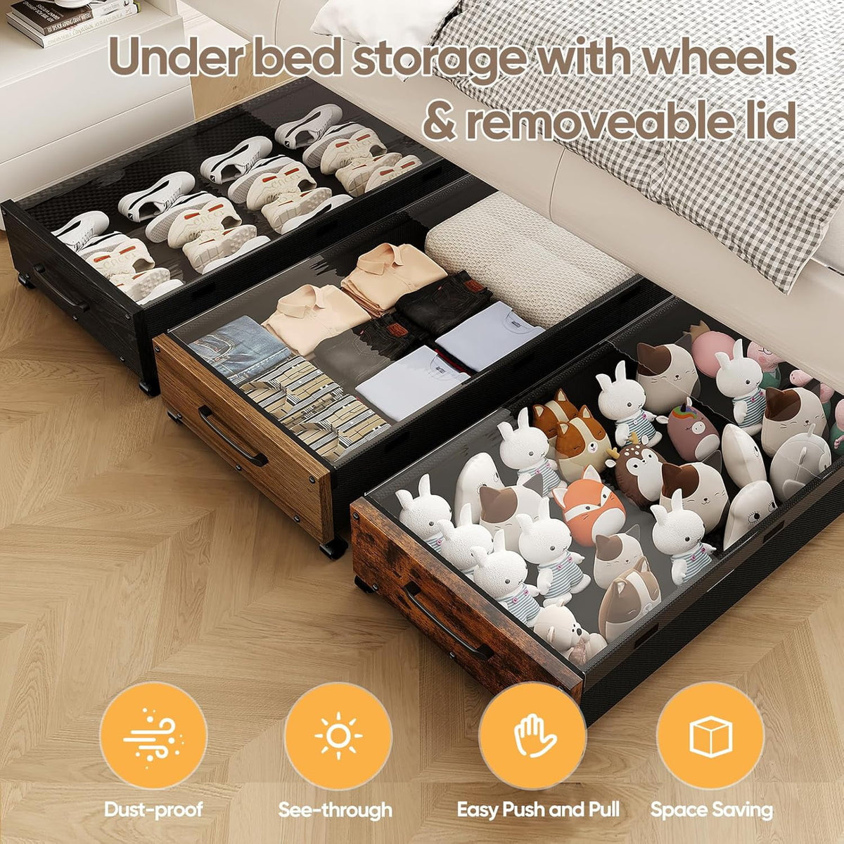 Black Wood 2 Pack Under Bed Storage with Wheels and Removable Lid X630