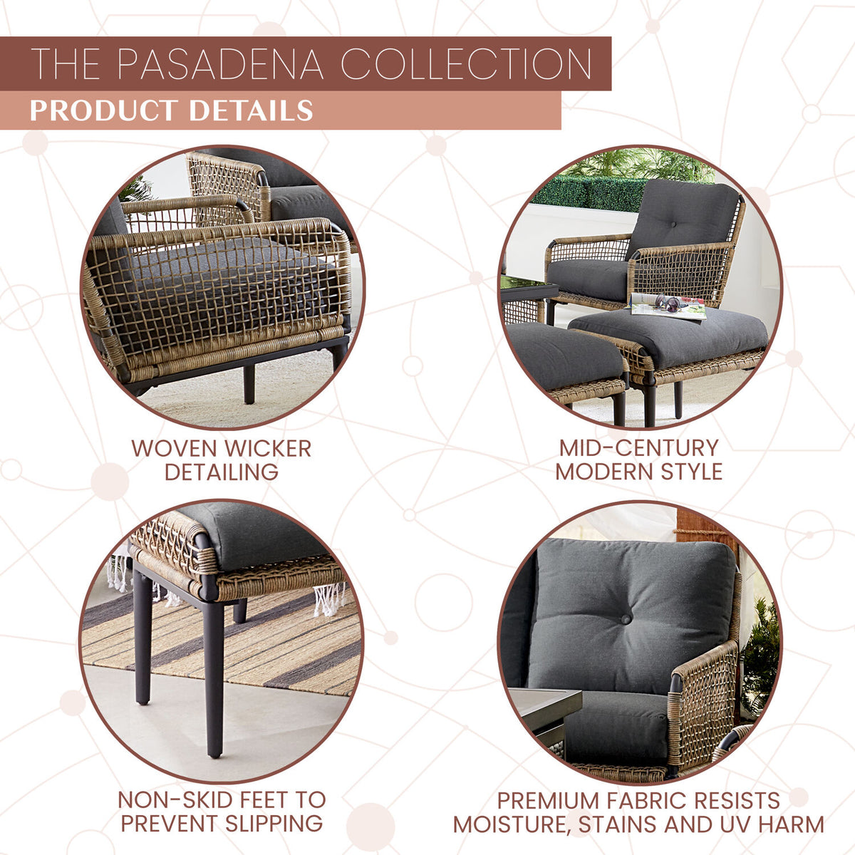 6-Piece Modern Outdoor Chat Set with Open Weave Wicker Sofa, 2 Side Chairs, 2 Ottomans, and Glass Top Coffee Table with Charcoal Plush Cushions R369855