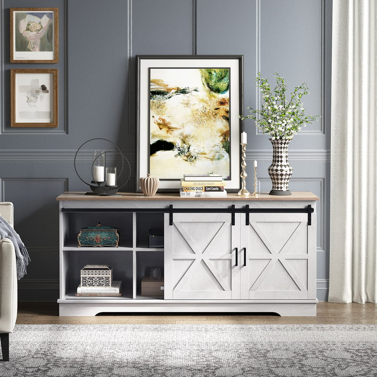 59" Farmhouse Buffet Sideboard Cabinet with Sliding Barn Doors F870044
