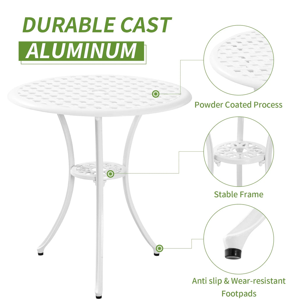 White Bistro Set with Umbrella Hole Cast Aluminum L49383