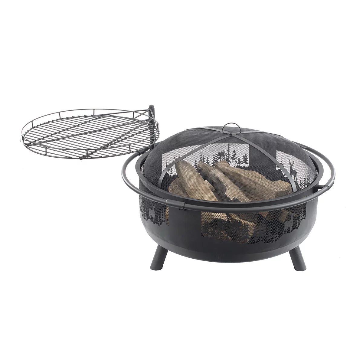36" Round Fire Barrel with Grill, Screen, and Lift, Black W103