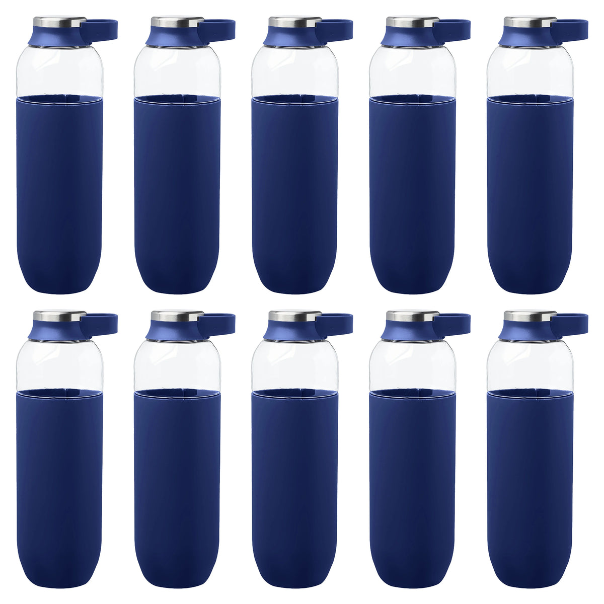 Navy Blue Plastic Water Bottles with Carrier Handle, 27 oz, Set of 10 J198350