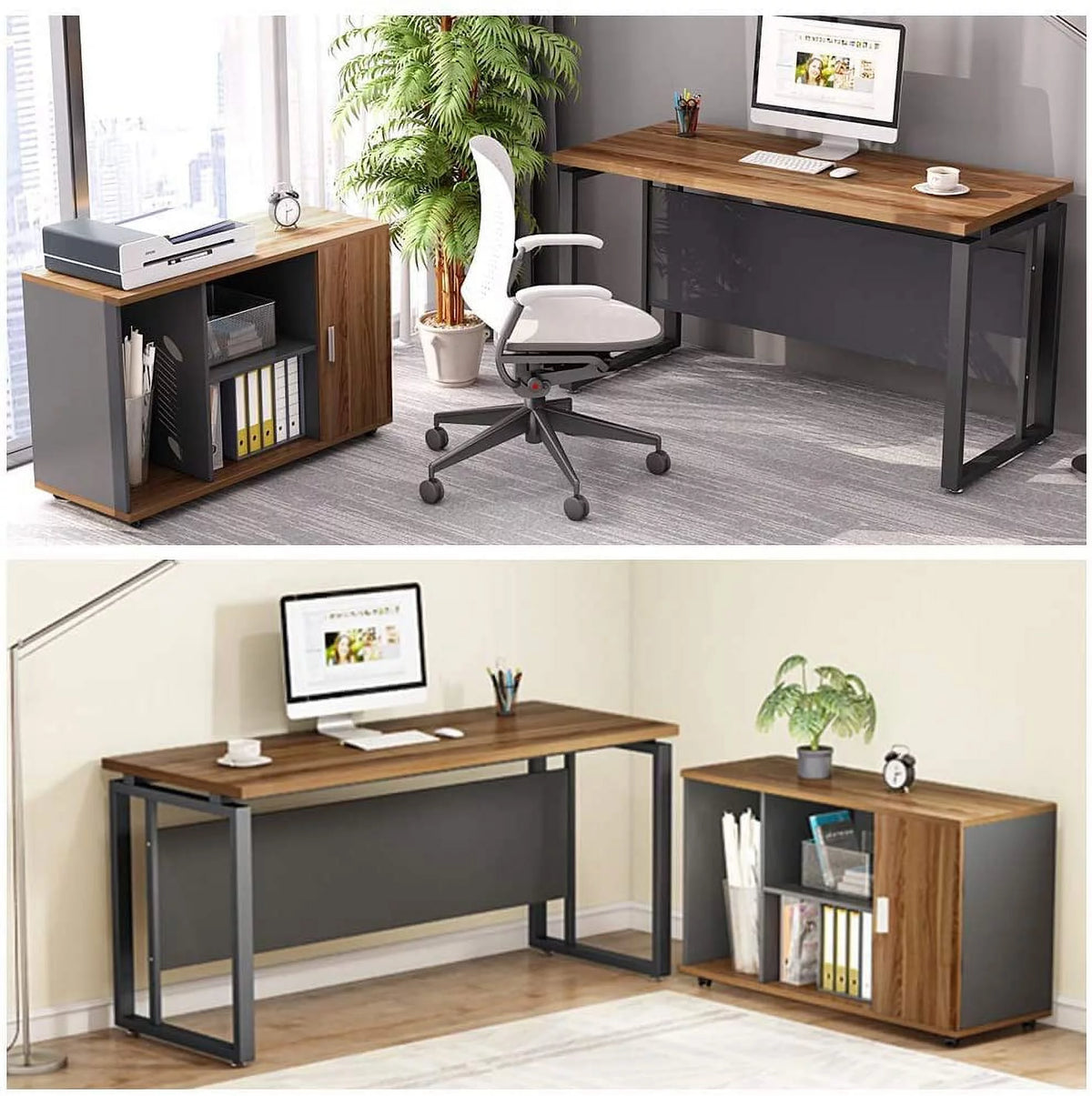 55 inch L-Shaped Computer Desk with File Cabinet W8017