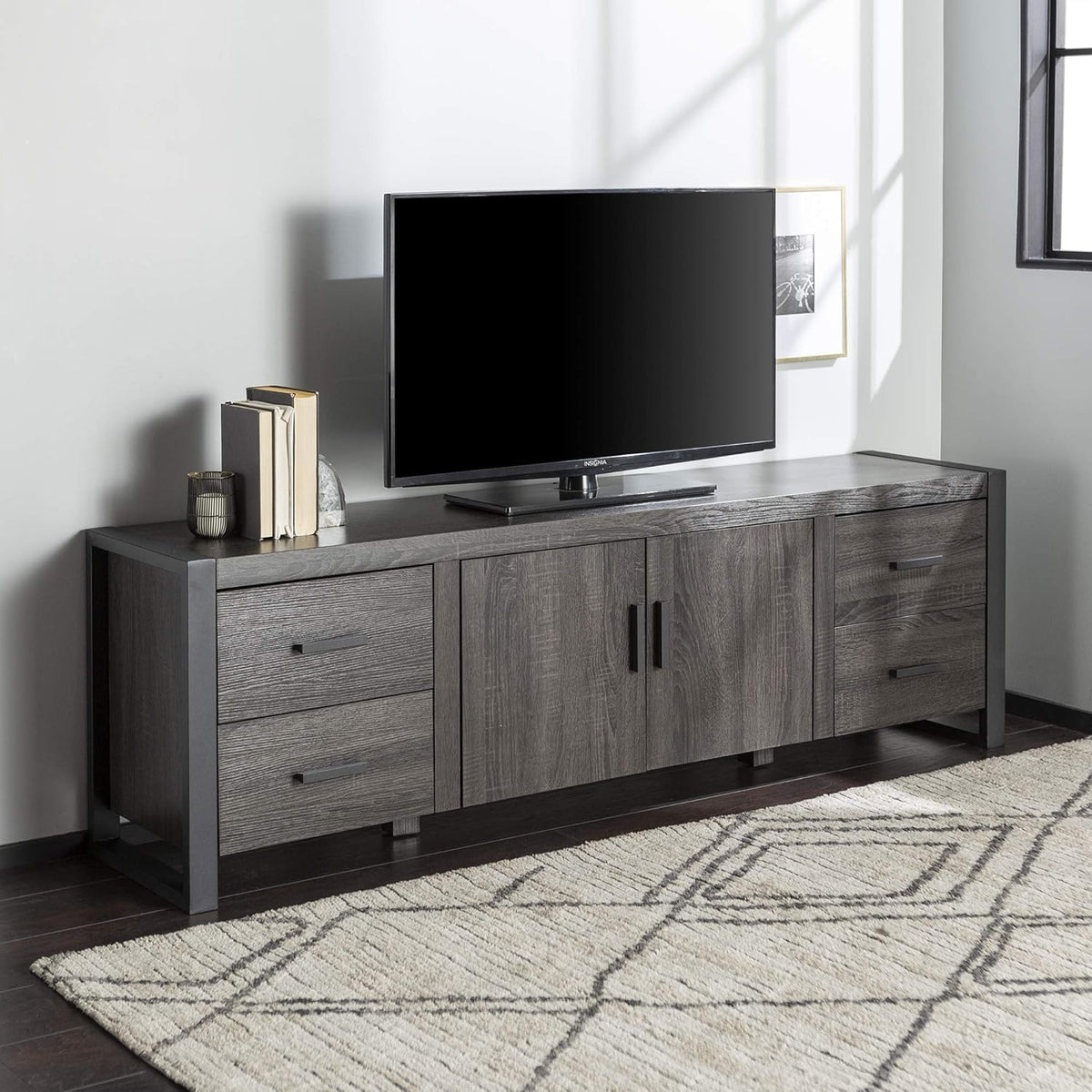 70 Inch Charcoal Wood TV Stand with Cabinet Doors S302