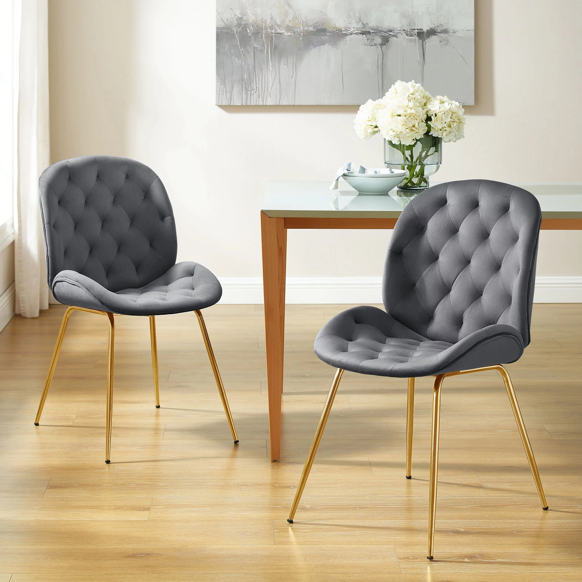 Gray Velvet Tufted Upholstered Dining Chairs K69013