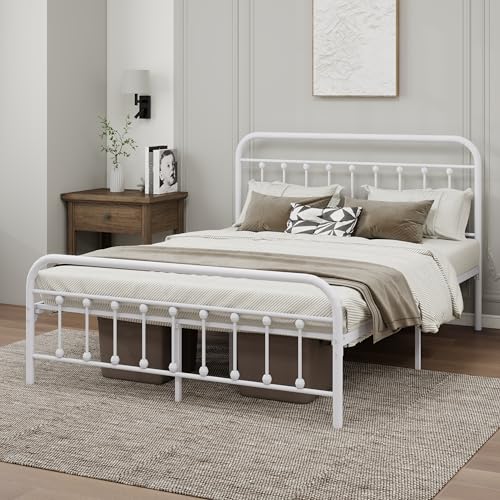 White Metal Full Size Bed Frame with Headboard Footboard L689